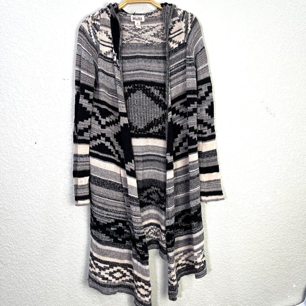 Mudd Womens S‎ Hooded Longline Cardigan Southwestern Geometric Gray Black Boho
